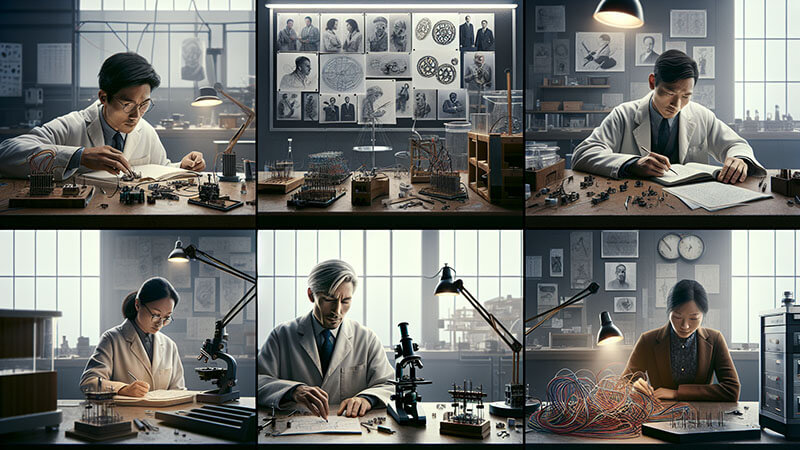 Panel de seis imágenes de científicos concentrados en diferentes tareas de laboratorio, como soldar circuitos, tomar notas, usar microscopios y diagramar ideas, mostrando la constancia en la experimentación y el trabajo de detalle.