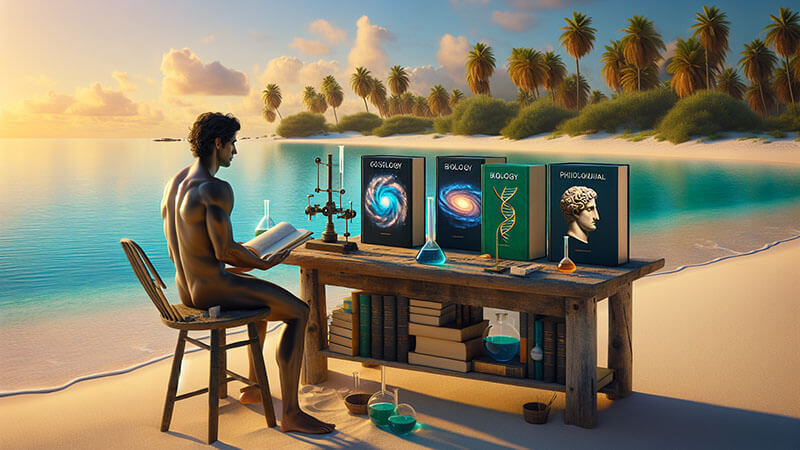 Hombre sentado en la playa de una isla tropical leyendo un libro en una mesa con libros titulados "Cosmología", "Biología" y "Filosofía", junto a matraces de laboratorio, sugiriendo la curiosidad por el universo en un entorno de soledad.