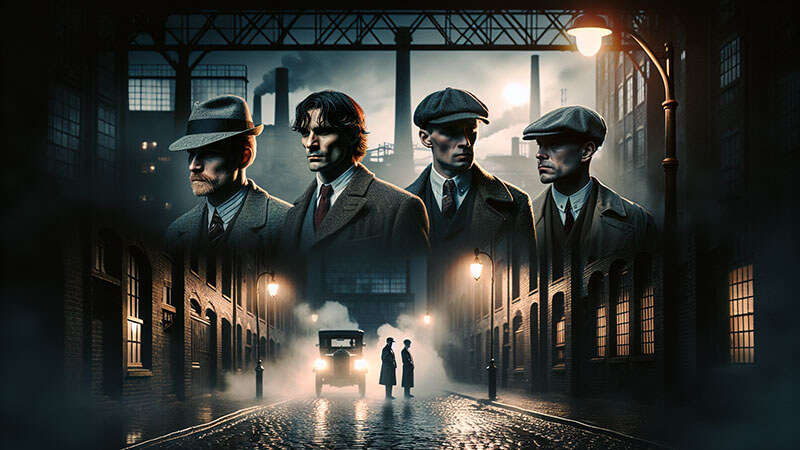 Cuatro hombres con sombreros y gorras de época, mirando con intensidad en una superposición sobre una calle adoquinada, neblinosa e industrial, simbolizando la ambición y el liderazgo de la banda.
