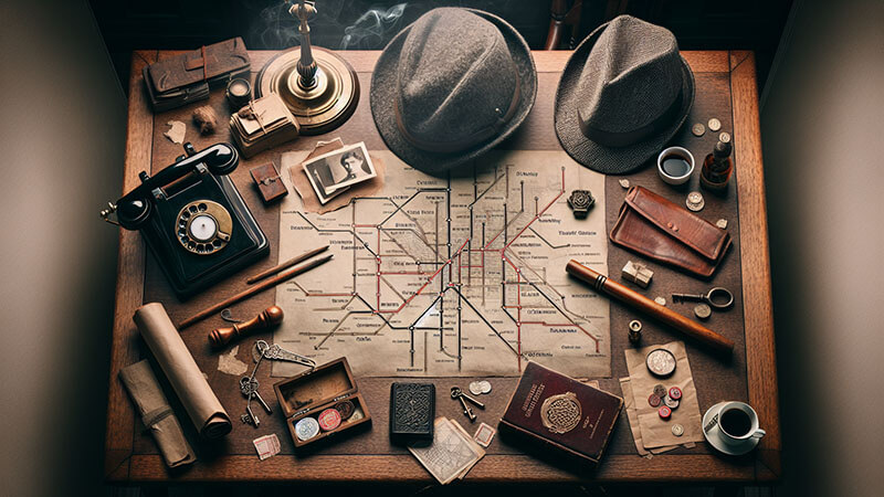 Vista cenital de un escritorio desordenado con un mapa del metro, dos sombreros, un teléfono de disco antiguo, llaves, monedas y un cuaderno, representando la planificación y la búsqueda de influencia.