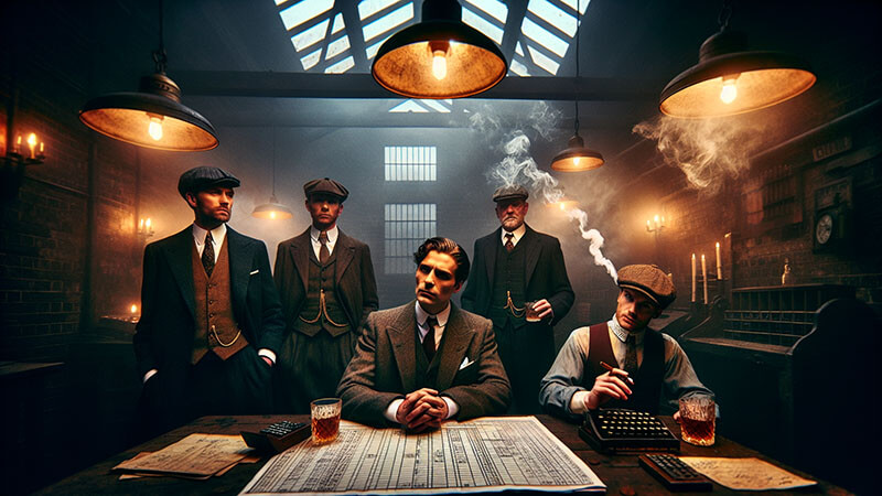 Un grupo de hombres, vestidos con trajes de los años 20 y gorras, reunidos alrededor de una mesa de madera con documentos y bebidas, con uno de ellos en el centro meditando la situación, representando el liderazgo y la estrategia.