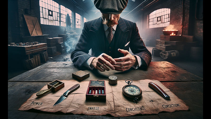 Primer plano de un hombre con gorra y bigote, de espaldas, con las manos sobre una mesa donde se exponen objetos simbólicos (navaja, balas, brújula) sobre un pergamino, representando la toma de decisiones y el poder.