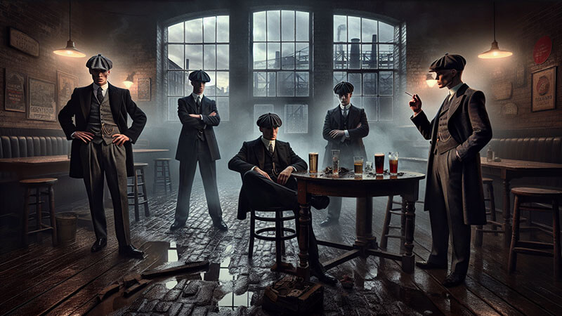 Cinco hombres con trajes y gorras en lo que parece ser un pub o almacén con suelo mojado y mesas, mirando con desafío. Uno fuma un cigarrillo y otro se sienta con una cerveza, simbolizando un ambiente de peligro y control.