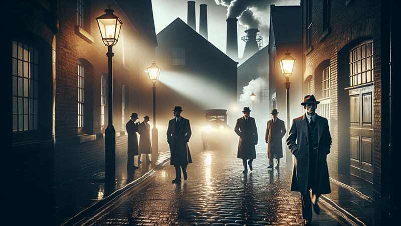 Escena nocturna y neblinosa de una calle adoquinada con farolas de gas, donde varios hombres con abrigos largos y sombreros caminan o se agrupan con un coche de época, sugiriendo movimientos discretos y la seguridad.
