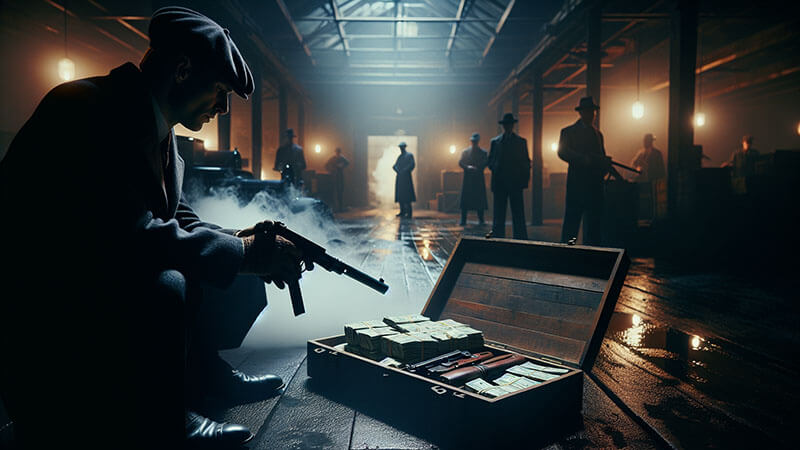 Un hombre agachado examinando una metralleta y fajos de billetes de dinero y armas dentro de una maleta abierta, en un almacén oscuro y brumoso, ilustrando el uso de recursos para salvaguardar a la familia o la organización.