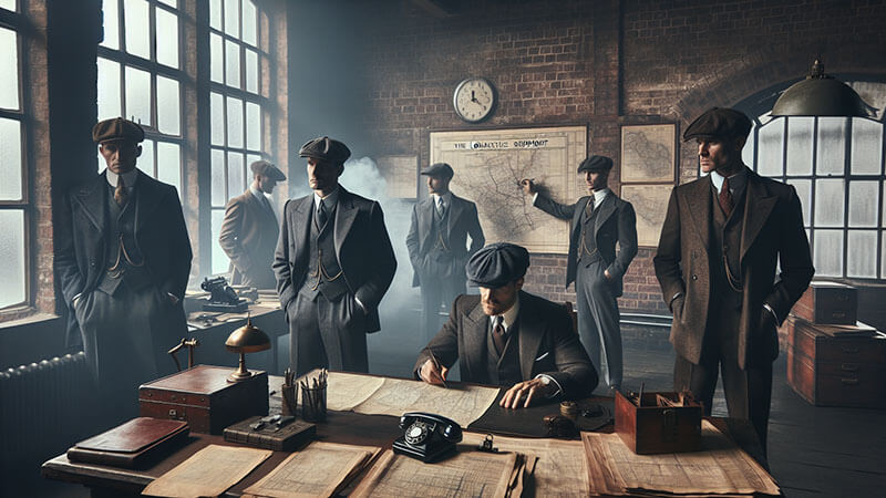 Un grupo de hombres en una oficina de ladrillo con grandes ventanas, planificando una estrategia alrededor de un mapa, con uno de ellos sentado en primer plano firmando documentos, simbolizando la inteligencia y la organización.