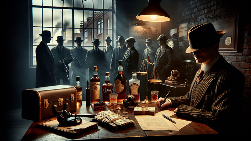 Hombre con sombrero de ala ancha sentado en un escritorio de madera, escribiendo un documento, rodeado de fajos de billetes, botellas de alcohol y una balanza, con un grupo de hombres al fondo, reflejando el negocio ilegal.