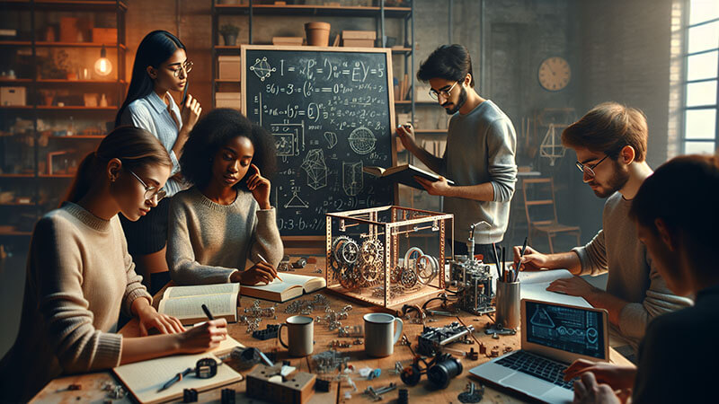 Un grupo diverso de jóvenes adultos estudiando en una mesa con libros, un ordenador portátil, y un modelo mecánico con engranajes a la vista, frente a una pizarra llena de fórmulas matemáticas y ecuaciones, ilustrando la resolución de problemas.