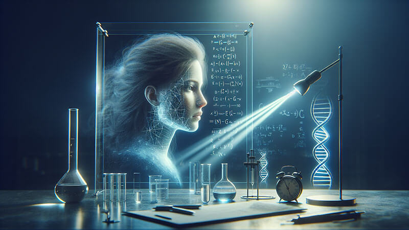 Bodegón futurista de tubos de ensayo, matraces y un reloj de mesa, iluminado por un haz de luz que impacta una proyección holográfica de un rostro digitalizado, fórmulas científicas y una espiral de ADN, representando una ecuación precisa y compleja.
