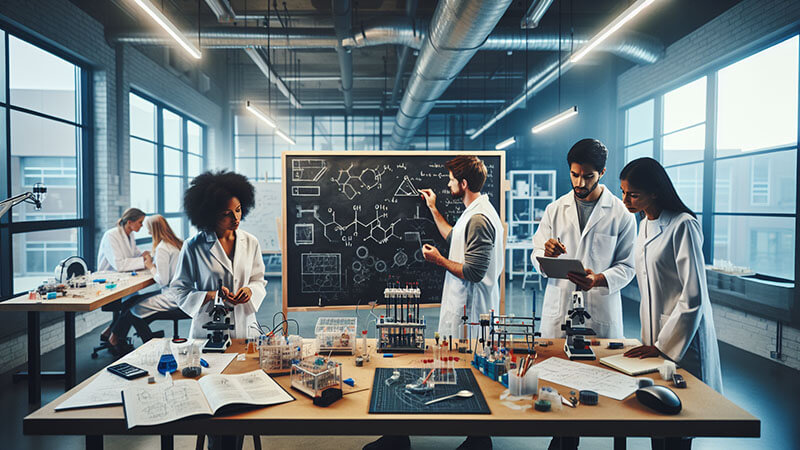Un grupo de científicos, incluyendo uno dibujando estructuras moleculares en una pizarra y otros alrededor de una mesa con equipos de laboratorio (microscopios, probetas), representando el proceso de prueba, error y búsqueda creativa.