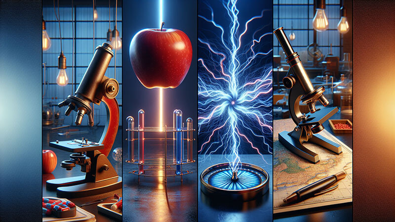 Panel de cuatro imágenes: un microscopio (observación detallada), una manzana levitando con un haz de luz (gravedad o física), una explosión eléctrica sobre una brújula (electricidad y magnetismo) y un microscopio con un mapa (descubrimiento).