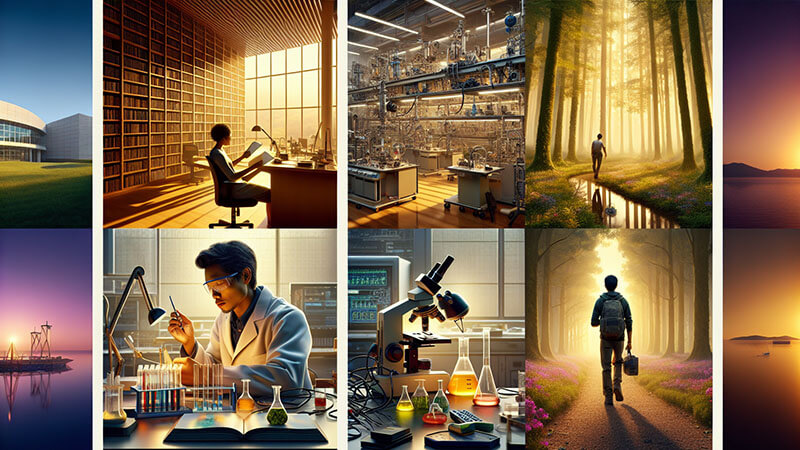Mosaico de imágenes que muestran diferentes escenarios ideales para pensar y concentrarse: una biblioteca al atardecer, un laboratorio con intrincados aparatos, un bosque con senderos y un laboratorio más práctico con matraces y tubos.