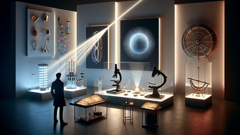 Persona de espaldas en un museo futurista observando vitrinas con instrumentos científicos antiguos (microscopios, telescopios) y gráficos de ADN y estructuras moleculares, simbolizando la curiosidad histórica y la búsqueda de descubrimientos.
