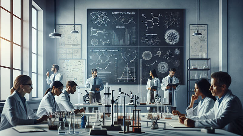 Grupo de científicos en batas blancas discutiendo en un laboratorio con una gran pizarra llena de ecuaciones matemáticas, fórmulas químicas y gráficos, representando la importancia de las leyes universales y el rigor científico.