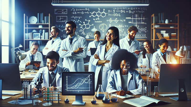 Un equipo de científicos multiétnico, la mayoría sonriendo o riendo, en un laboratorio moderno. Una pantalla de ordenador muestra un gráfico ascendente, simbolizando la satisfacción y el logro compartido en la ciencia.