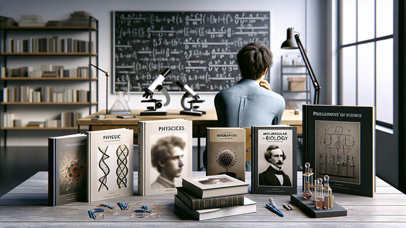 Una mesa en primer plano con varios libros sobre Física (con imágenes de ADN), Biología Molecular y Filosofía de la Ciencia, con microscopios y un hombre de espaldas en una biblioteca con una pizarra de ecuaciones detrás.