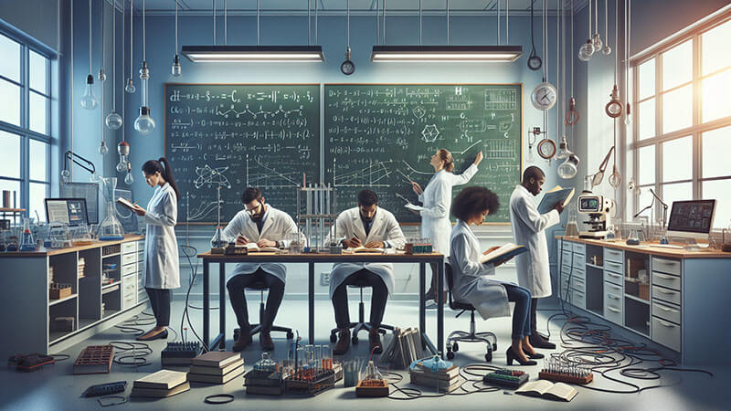 Un gran laboratorio lleno de científicos en batas blancas, sentados y de pie, tomando notas y examinando equipos, con una pizarra llena de fórmulas, lo que ilustra el rigor, la toma de notas y la perseverancia en el método científico.
