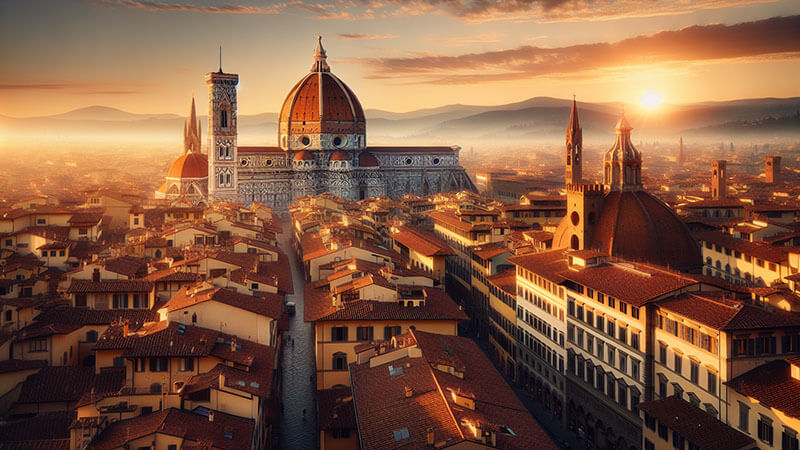 Un mapa antiguo o artístico de la península de Italia que destaca ciudades clave como Florencia, Roma y Venecia.