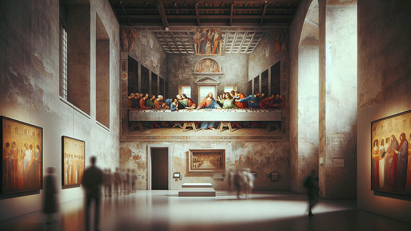 El famoso fresco de "La última cena" de Leonardo da Vinci, mostrando a Jesús y sus apóstoles sentados a la mesa.