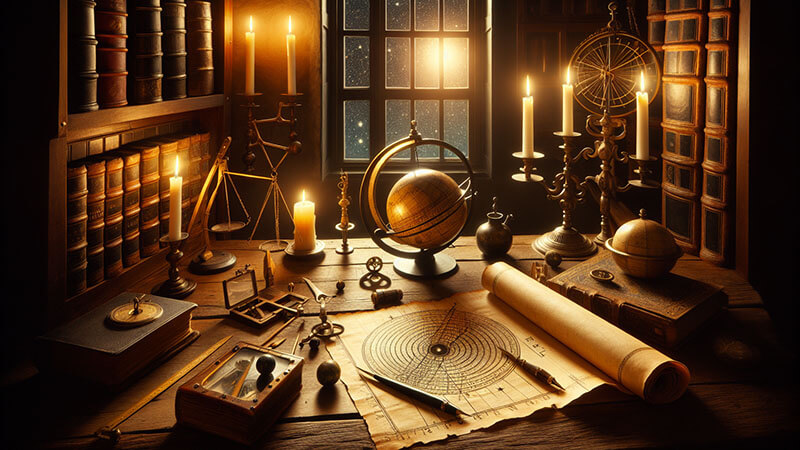 Un diagrama científico de la época que muestra el sistema heliocéntrico, con el Sol en el centro y los planetas orbitándolo.