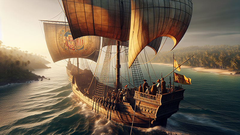 Una pintura o ilustración de las tres carabelas de Cristóbal Colón (La Niña, La Pinta y La Santa María) navegando.