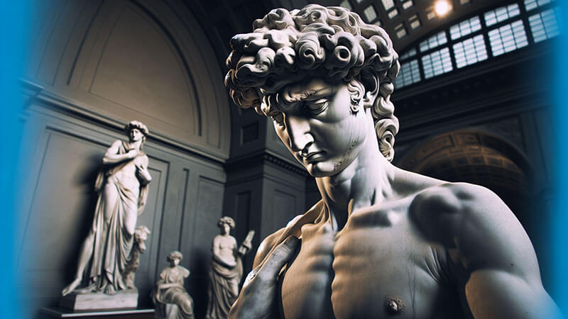 Una vista de la icónica escultura de mármol del David de Miguel Ángel, mostrando la figura heroica y desnuda.