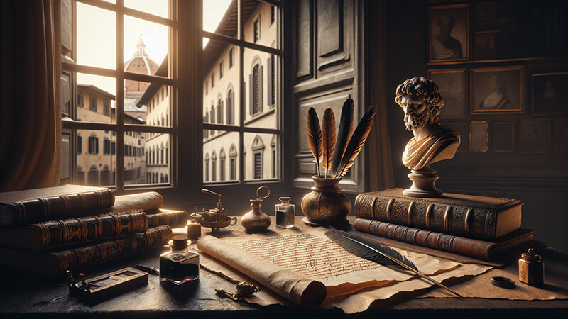Un escritorio de madera junto a una ventana con vistas a una ciudad histórica (posiblemente Florencia, con su cúpula). Sobre la mesa, libros antiguos, una pluma, tinteros y un busto clásico, sugiriendo un ambiente de estudio y reflexión.