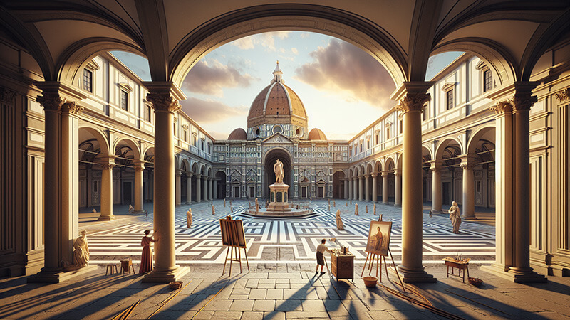Gran patio columnado de estilo renacentista con una cúpula al fondo. En el centro, una fuente con una estatua. Varias personas pintan en caballetes, capturando la belleza arquitectónica en un entorno artístico.