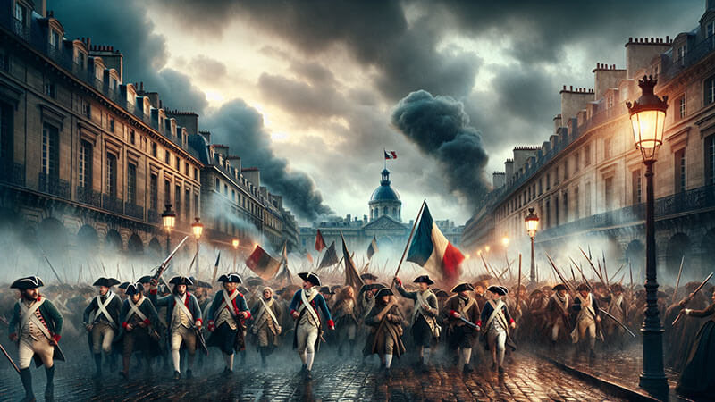 Soldados y ciudadanos en una calle de París con banderas tricolores, marchando hacia un edificio con cúpula en medio de una atmósfera de tensión y humo, simbolizando el inicio de la Revolución Francesa.