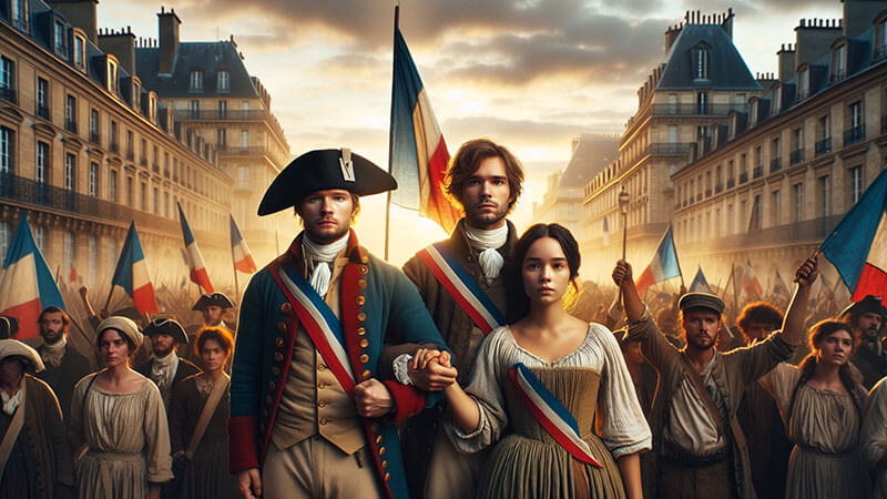 Dos figuras centrales (hombre y mujer) con escarapelas tricolores y bandas, tomados de la mano, de pie ante una multitud de personas con banderas francesas, en una calle de la ciudad al atardecer, encarnando los ideales de "Libertad, igualdad, fraternidad".