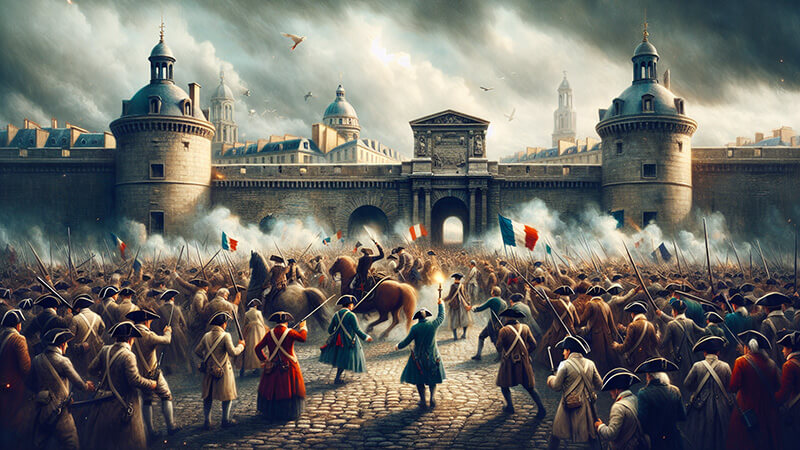 Multitud de personas con vestimenta de época, armadas con herramientas y banderas francesas, asaltando una gran fortaleza medieval con torres. Humo y dinamismo en una escena de confrontación.