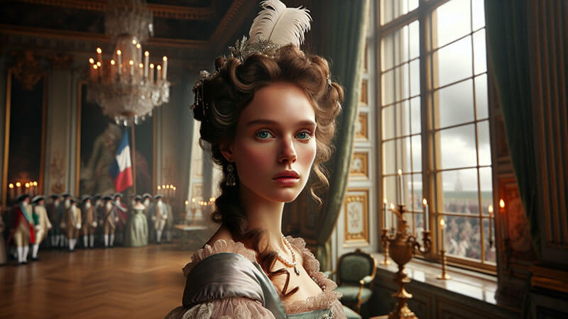 Mujer con un peinado alto y ornamentado, vestido de época y joyas, mirando seriamente, en el interior lujoso de un palacio con un grupo de figuras militares al fondo, representando a María Antonieta.