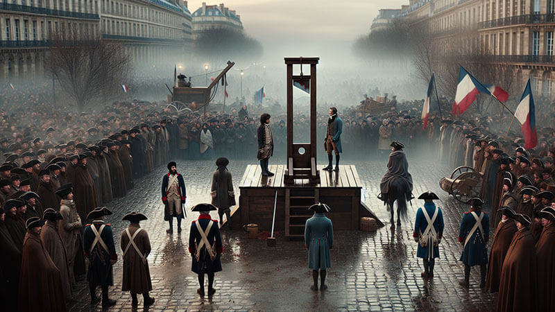Una guillotina de madera en el centro de una plaza adoquinada, rodeada por una gran multitud de personas y soldados uniformados, en una escena que evoca la ejecución de Luis XVI.