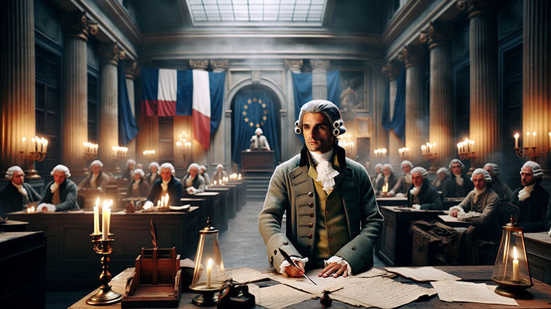 Hombre vestido con indumentaria de la época revolucionaria (casaca, chaleco, peluca), sentado en una sala de reuniones solemne con otros delegados y banderas tricolores, escribiendo sobre unos documentos, simbolizando a un líder jacobino como Robespierre.