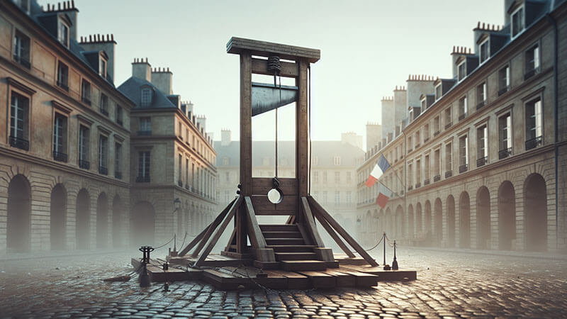 Imagen de una guillotina de madera en primer plano sobre un suelo adoquinado, en medio de una plaza de la ciudad con edificios clásicos a ambos lados y una bandera tricolor francesa al fondo, destacando su papel durante el Terror.