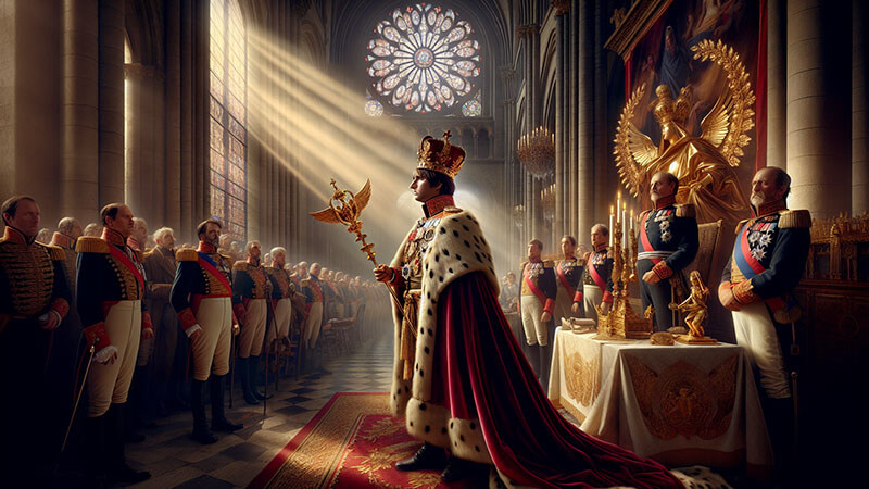 Hombre con corona, manto de armiño rojo y cetro imperial, de pie en el centro de una gran sala abovedada y ricamente decorada, rodeado de dignatarios y oficiales militares, representando la coronación de Napoleón como emperador.