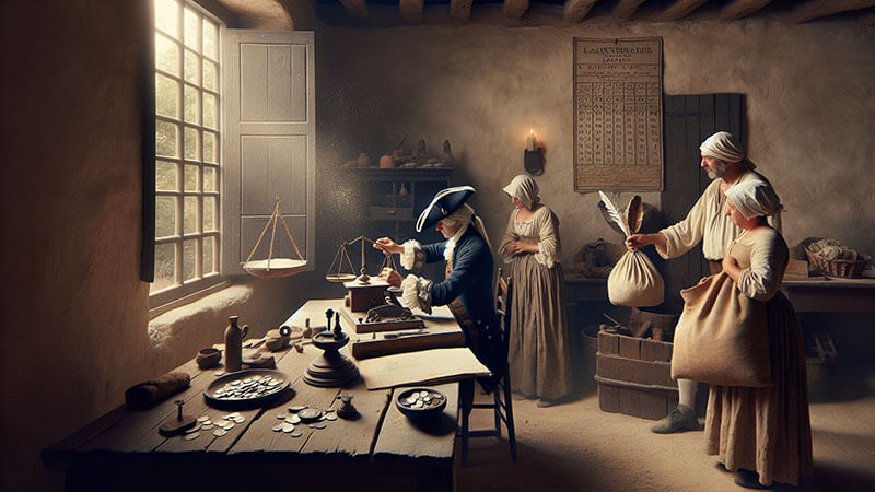 Escena de interior rústico con un hombre con peluca pesando monedas en una balanza, y un campesino entregando un saco de grano a una mujer, en una representación de la transacción económica y tributaria de la época, como el pago de la gabela o el diezmo.