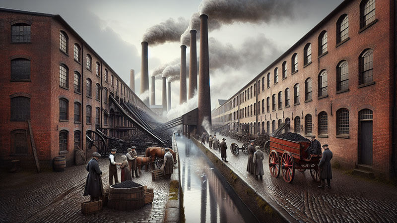 Calle adoquinada con dos hileras de grandes fábricas de ladrillo y altas chimeneas emitiendo humo. En el centro, un canal o riachuelo con carros, caballos y trabajadores cargando carbón, simbolizando un paisaje industrial británico.