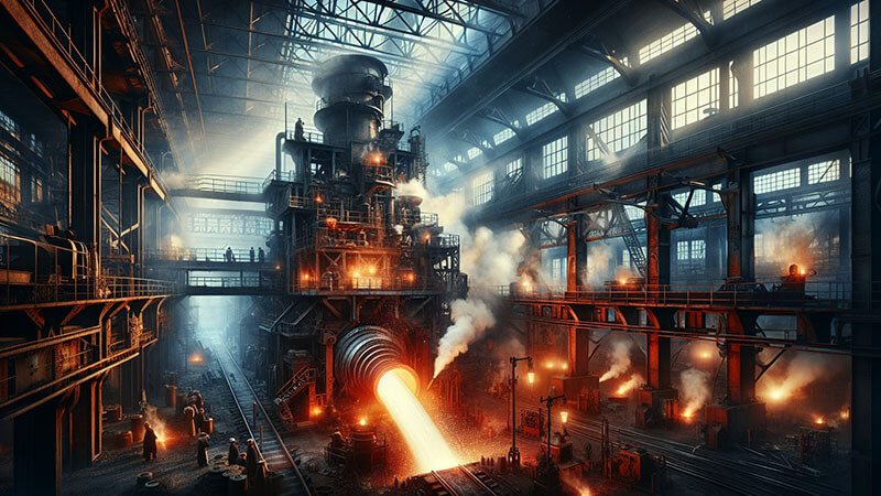 Vastísimo interior industrial con una estructura compleja de metal y tubos. Un chorro de metal fundido incandescente sale de un alto horno, representando la producción de acero y el avance de la Segunda Revolución Industrial.