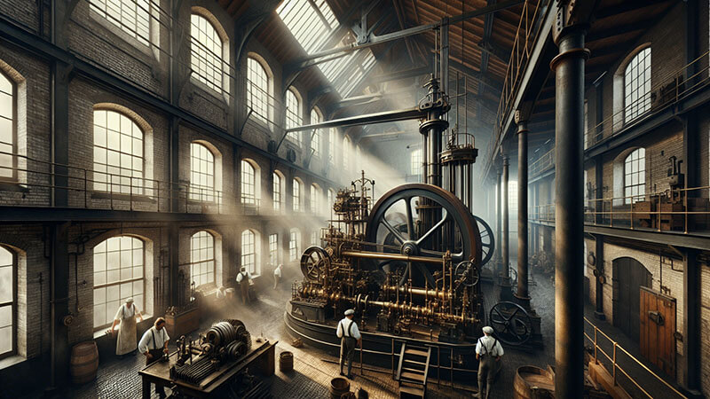 Gran sala industrial con mucha luz natural donde se erige una enorme y compleja máquina de vapor con volantes y pistones, que es el motor central de la fábrica, con trabajadores cercanos, ilustrando el invento de James Watt.