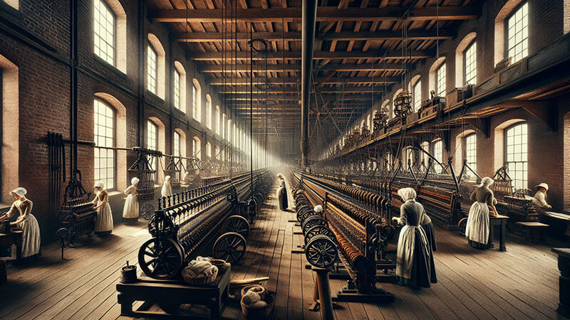 Interior largo de una fábrica con máquinas de hilar o telares mecánicos de madera y metal a ambos lados. Varias mujeres con cofias y delantales están trabajando en las máquinas, representando la mecanización de la industria textil.