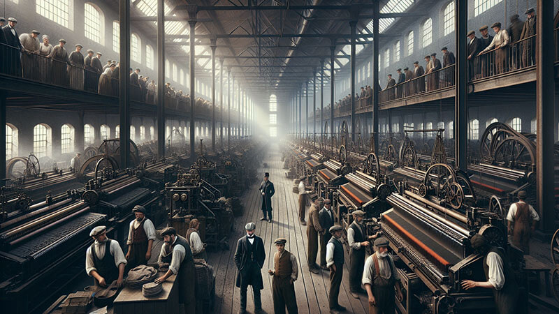 Vasto interior de una fábrica textil con maquinaria pesada, donde se observa a trabajadores manejando los telares y a figuras de la burguesía con sombrero de copa supervisando desde el piso y la planta superior, simbolizando la nueva clase obrera (proletariado).