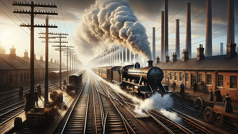 Una máquina de vapor con vagones de pasajeros y carga circulando sobre vías de tren. El paisaje está dominado por filas de altas chimeneas industriales y postes de telégrafo, representando el impacto del ferrocarril.