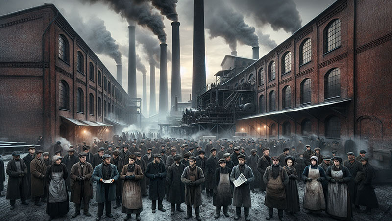 Gran grupo de hombres y mujeres obreros, vestidos con ropa sencilla de trabajo, parados frente a una línea de grandes fábricas de ladrillo con chimeneas humeantes, simbolizando al proletariado y el surgimiento del socialismo.