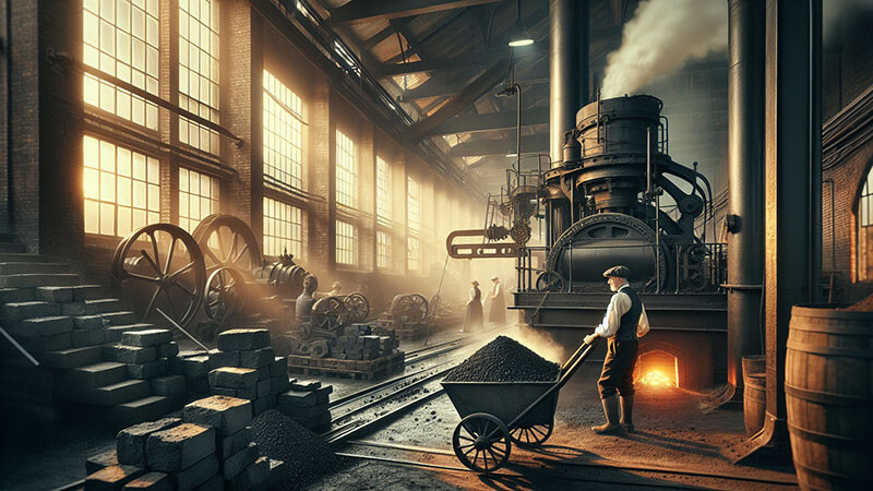 Interior de una fábrica con grandes máquinas y un trabajador empujando una carretilla llena de carbón hacia una caldera u horno, ilustrando la dependencia del carbón como fuente de energía.