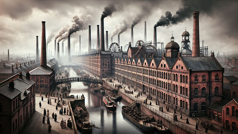 Amplia vista de una ciudad con un canal navegable flanqueado por inmensas fábricas de ladrillo rojo, grandes chimeneas humeantes y puentes, con barcazas en el agua, evocando un centro industrial como Mánchester.