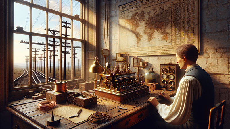 Un hombre en una oficina junto a una ventana con vistas a vías de tren y postes de telégrafo, sentado ante una mesa de madera con un aparato de telégrafo y alambres, trabajando en la comunicación a larga distancia.