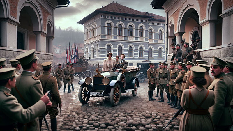 Una pareja, representando al archiduque y su esposa, es recibida por oficiales militares en una calle empedrada, cerca de un vehículo clásico. El ambiente es formal, sugiriendo un evento político o ceremonial.