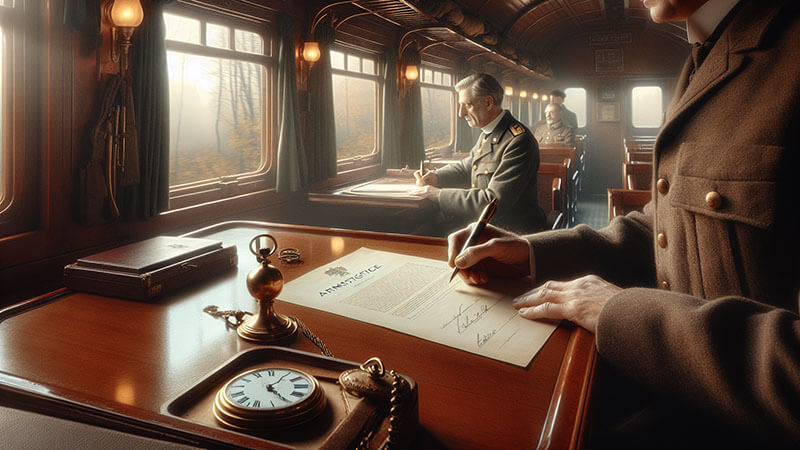 Un primer plano de la mano de un oficial militar que firma un documento con la palabra "ARMISTICIO" visible, sobre una mesa dentro de un vagón de tren de época. Otros oficiales están presentes en el vagón.