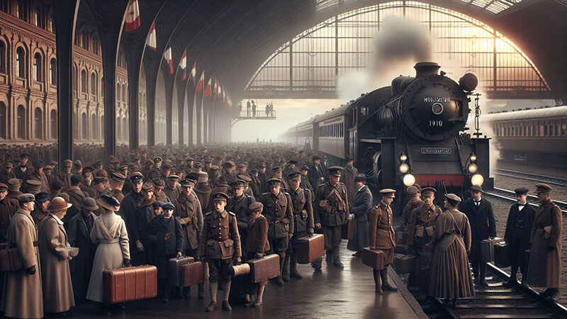 Multitudes de soldados, muchos de ellos jóvenes, se reúnen en una estación de tren con sus maletas. Una locomotora de vapor de época espera en el andén, simbolizando el comienzo de la movilización masiva.